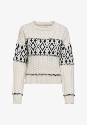 Krema barve pulover z črnimi geometrijskimi vzorci. Pletena tekstura, okrogla izreza in rebrasti manšeti ter rob. Krajšega kroja.