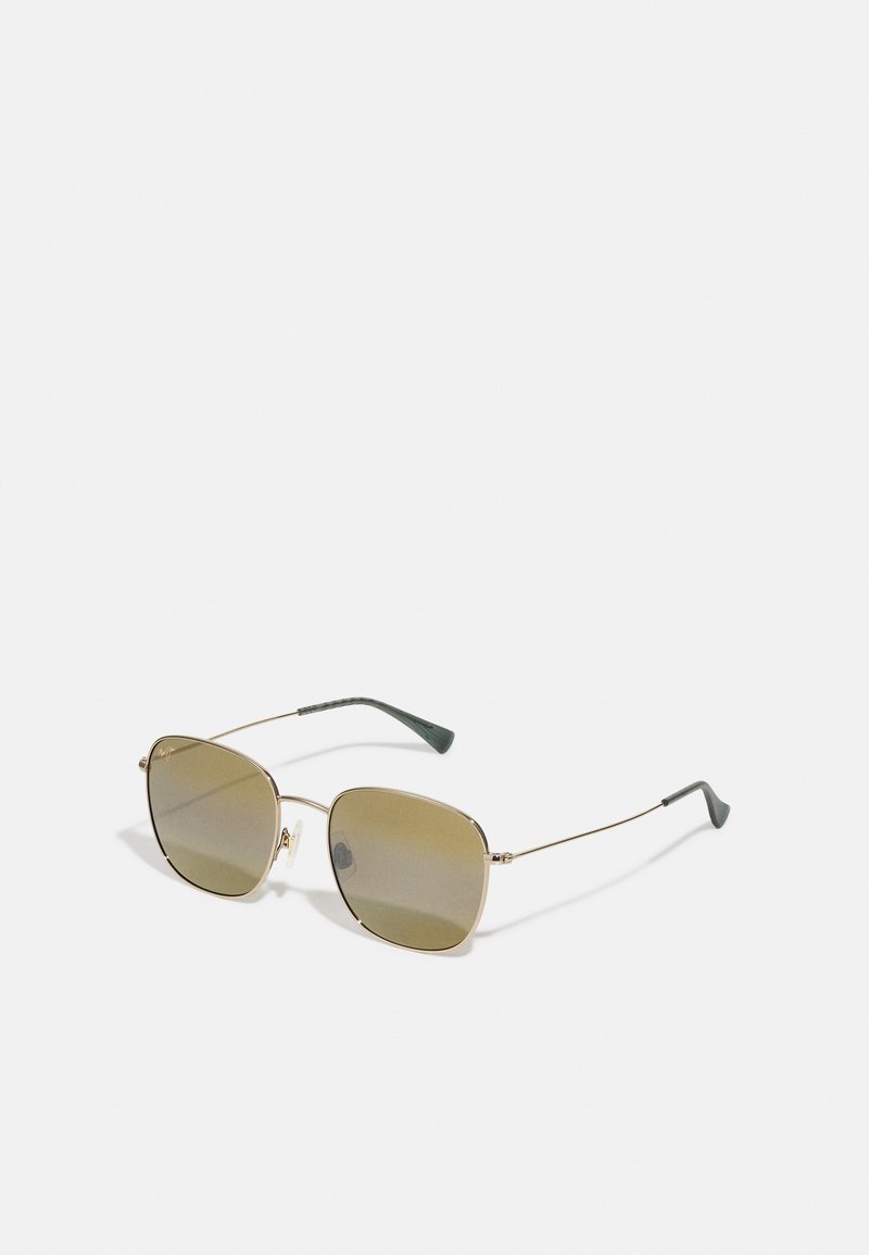 Gold metal sunglasses with square lenses. Features olive green temples and a thin frame. Lenses are slightly mirrored in a brownish tint.