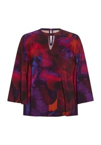 Bluză multicoloră cu un model floral în tonuri de roșu, violet și albastru, cu guler rotund și mâneci până la 3/4.