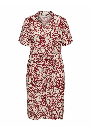 Midi-kjole med korte ærmer i rødt og hvidt blomsterprint, knapper foran, krave og knyttet bælte i taljen.