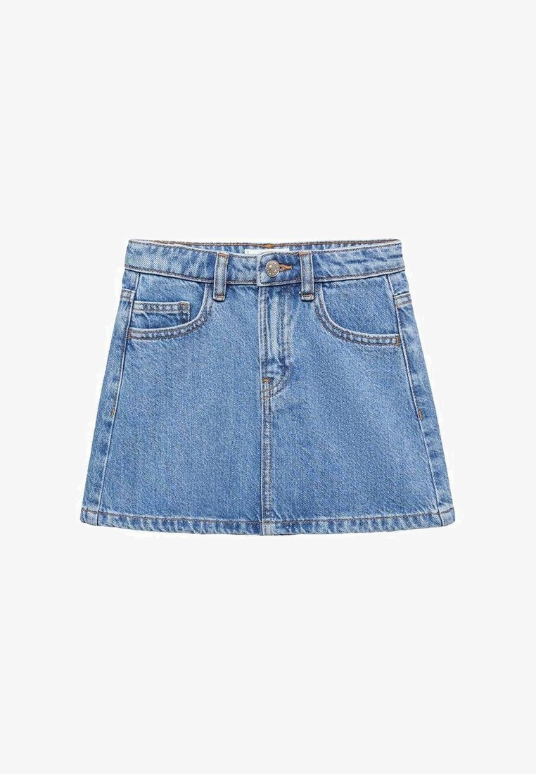 Jupe en denim bleu clair à coupe évasée, avec poches avant et ourlet cousu. Dotée d'une fermeture à boutons et de passants pour ceinture.
