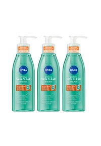 Three bottles of NIVEA Derma Skin Clear face wash gel, featuring a transparent green plastic body, pump top, and clear product labeling in orange and blue.
