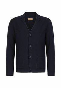 Marine strikket cardigan med V-hals, tre knapper og to frontlommer. Har struktureret stof og et afslappet design.