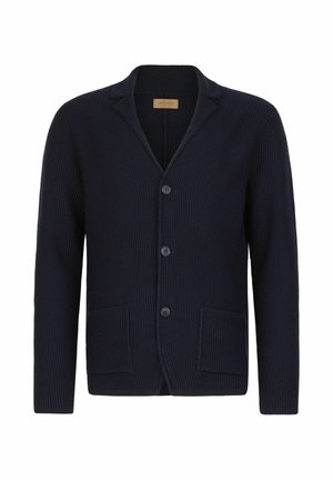 Granatowy sweter z dzianiny z dekoltem w serek, trzema guzikami i dwiema przednimi kieszeniami. Charakteryzuje się teksturowanym materiałem i luźnym krojem.