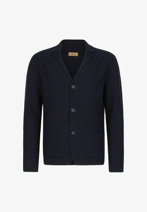 Granatowy sweter z dzianiny z dekoltem w serek, trzema guzikami i dwiema przednimi kieszeniami. Charakteryzuje się teksturowanym materiałem i luźnym krojem.