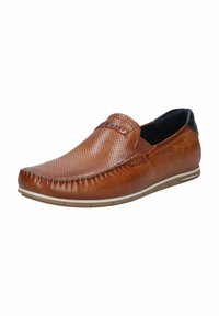 Braune Leder-slipper mit perforiertem Design, kontrastierendem schwarzen Absatz, genähten Details und einer weißen Gummisohle.