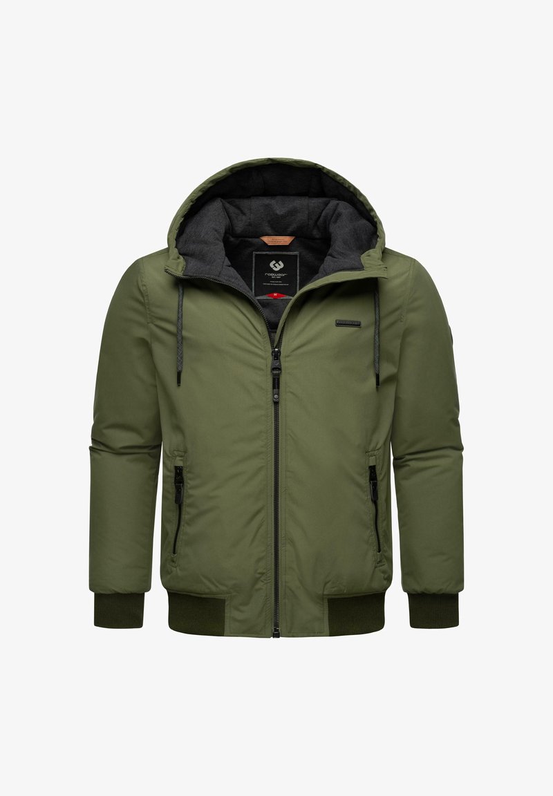 Oliven grøn polstret jakke med lynlås foran, justerbar hætte og ribbede manchetter; har to sidelommer og et grått indre for.