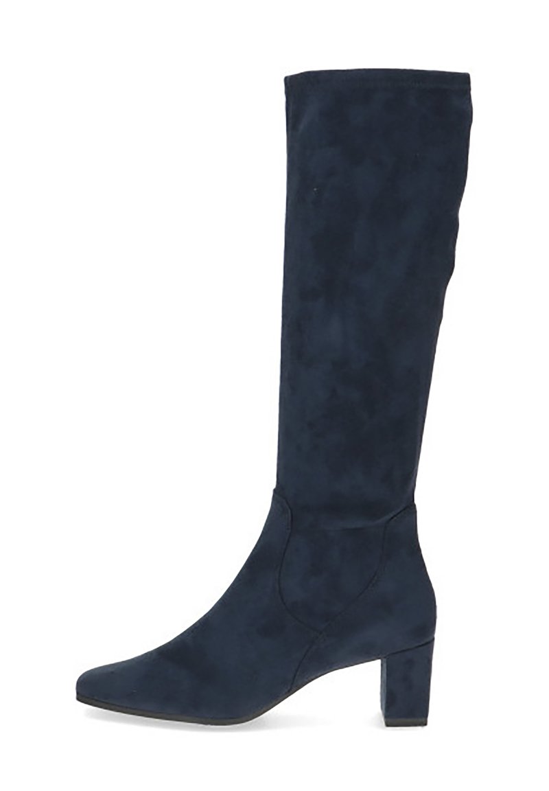 Bottes en daim bleu marine montantes jusqu'au genou, avec un bout pointu et un talon carré, présentant une texture lisse et un design minimaliste.