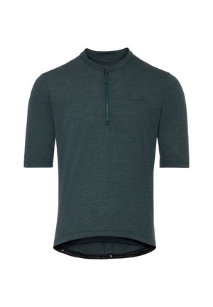 Donkergroen fietsshirt met korte mouwen, een halve ritssluiting aan de voorkant en een licht gebogen zoom, eenvoudig ontwerp met een klein logo op de borst.