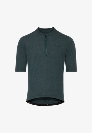 Dunkelgrünes Radsporttrikot mit kurzen Ärmeln, halbem Frontreißverschluss und leicht geschwungenem Saum, schlichtes Design mit kleinem Logo auf der Brust.