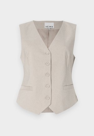 Beige sleeveless vest with a V-neck, front buttons, two side pockets, and subtle textured fabric. Label: ICHI.