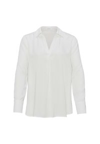 Blusa bianca a maniche lunghe in tessuto liscio, con colletto e un discreto scollo a V, dalla vestibilità comoda e polsini standard.