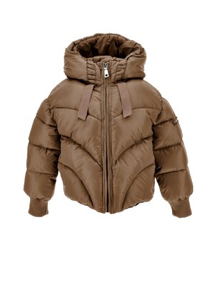 Chaqueta de invierno acolchada marrón con capucha, cremallera frontal, puños acanalados y cordones ajustables en la capucha.