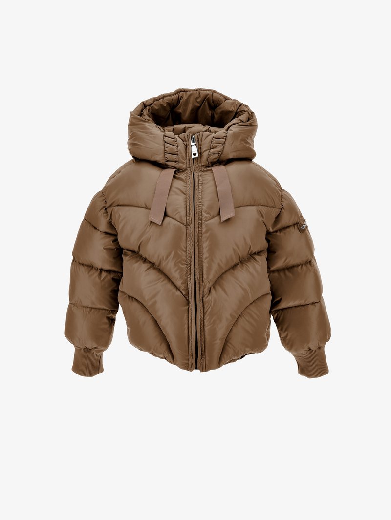 Veste d'hiver matelassée marron avec capuche, fermeture éclair à l'avant, poignets côtelés et cordons de capuche réglables.
