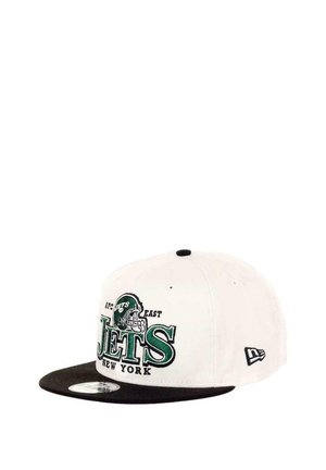 White and black snapback cap featuring embroidered "JETS" logo in green and black with team helmet detail and contrasting visor.