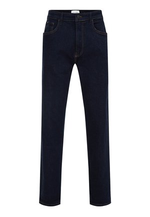 Tmavě modré džíny z denimu s klasickým rovný střihem, kontrastní oranžové švy, design s pěti kapsami a zapínání na knoflík.