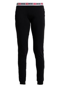 Schwarze Leggings aus dehnbarem Stoff, mit einem weißen Taillenbund, der ein rotes und schwarzes Logo trägt. Enganliegendes Design mit Fußbündchen.
