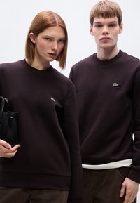 Καφέ βαμβακερές φούτερ με στρογγυλή λαιμόκοψη. Μικρό πράσινο λογότυπο Lacoste στο αριστερό στήθος. Το μοντέλο κρατά μια μαύρη τσάντα με υφή.