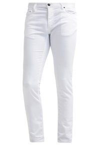 Bílé džíny z denimu se slim střihem, pěti kapsami, zapínáním na knoflík a jemnou strukturou. Zúžený střih nohavic bez viditelných ozdob.