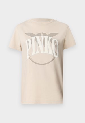 T-shirt in cotone beige con logo "PINKO" in bianco e un design circolare. Maniche corte e vestibilità rilassata. Tessuto morbido.