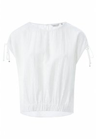 Blusa bianca a maniche corte con motivo testurizzato, arricciature all'orlo e polsini elasticizzati, con dettagli a cravatta sulle maniche.