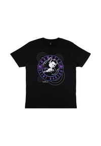 Černé bavlněné tričko s grafickým potiskem postavy s lukem, obklopené texty "HAWKEYE" a "CLINT BARTON" v purpurové a bílé barvě.