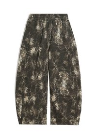 Spodnie o szerokich nogawkach w ciemnym materiale z wzorem liści w odcieniach brązu i szarości. Elastyczny pasek w talii zapewniający regulowane dopasowanie. Miękka tekstura.
