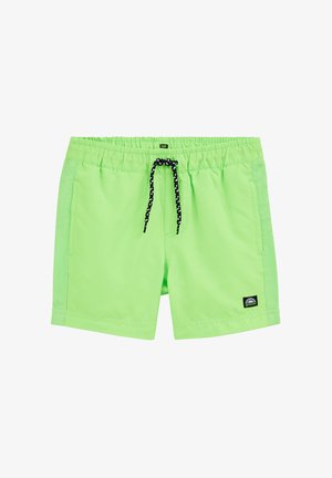 Bañador verde lima con cintura elástica y cordón negro, con paneles laterales texturizados y un pequeño parche con logo.