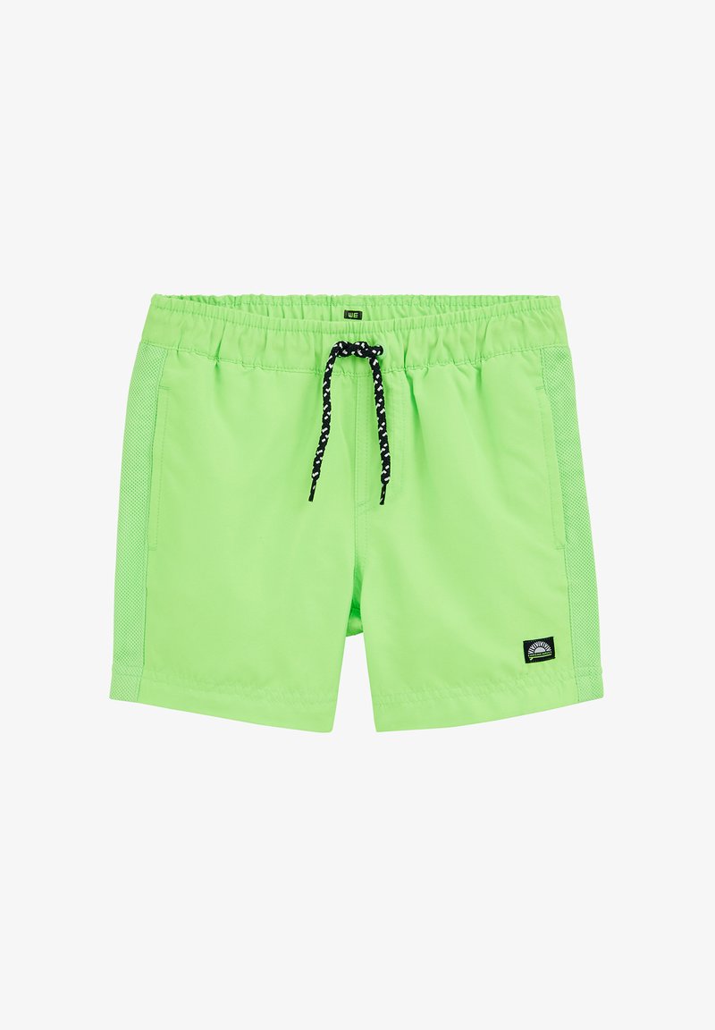 Shorts de bain vert citron avec une taille élastique et un cordon noir, présentant des panneaux latéraux texturés et un petit patch logo.