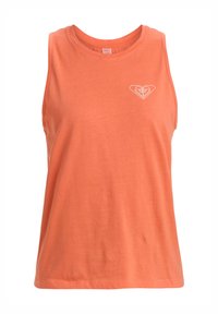 Oranje mouwloos katoenen tanktop met een witte hartlogo op de borst en een ronde halslijn. Zachte textuur, losse pasvorm.