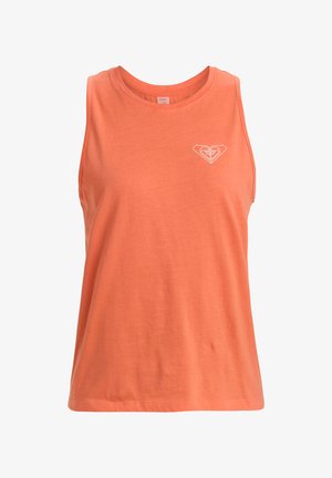 Oranges ärmelloses Baumwoll-Tanktop mit einem weißen Herz-Logo auf der Brust und einem runden Ausschnitt. Glatte Textur, lockere Passform.