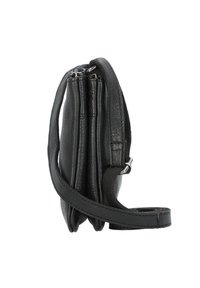 Black leather handbag with two zippered compartments, flat design, adjustable strap, and textured surface.