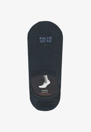 Calzino invisibile alto blu scuro con sistema antiscivolo. Presenta un design senza cuciture e una texture liscia. Taglia contrassegnata come 39-42.