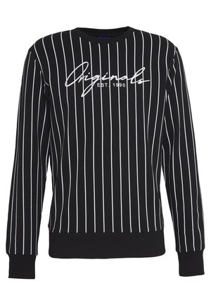 Schwarzer Sweatshirt mit weißen vertikalen Streifen, mit dem Text "Originals EST. 1990" in Schreibschrift. Rundhalsausschnitt und ribbelte Bündchen.