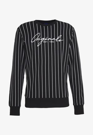 Black sweatshirt with white vertical stripes, featuring the text "Originals EST. 1990" in cursive. Round neckline and ribbed cuffs.
