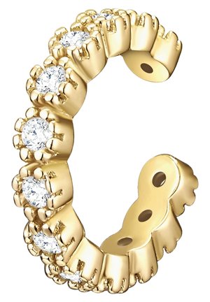 Orecchino in oro a cuffia con design curvo, sei pietre trasparenti incastonate in impostazioni a dita, superfici texturizzate e due fori per il fissaggio.