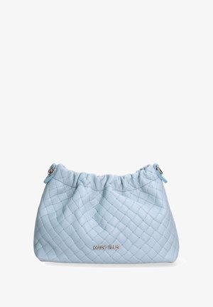 Borsa in pelle blu con un design trapuntato, parte superiore arricciata e dettagli in metallo argentato. Presenta il logo sul davanti per il branding.