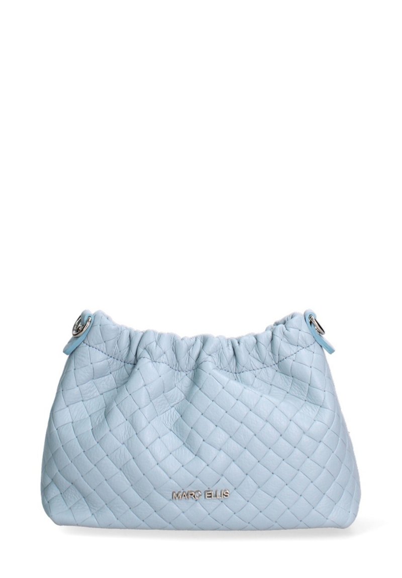 Borsa in pelle blu con un design trapuntato, parte superiore arricciata e dettagli in metallo argentato. Presenta il logo sul davanti per il branding.