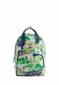 Zelena nahrbtnik s Moomin junaki in slikovitim vzorcem. Narejen iz trpežnega blaga z sprednjim žepom in modrimi naramnicami.