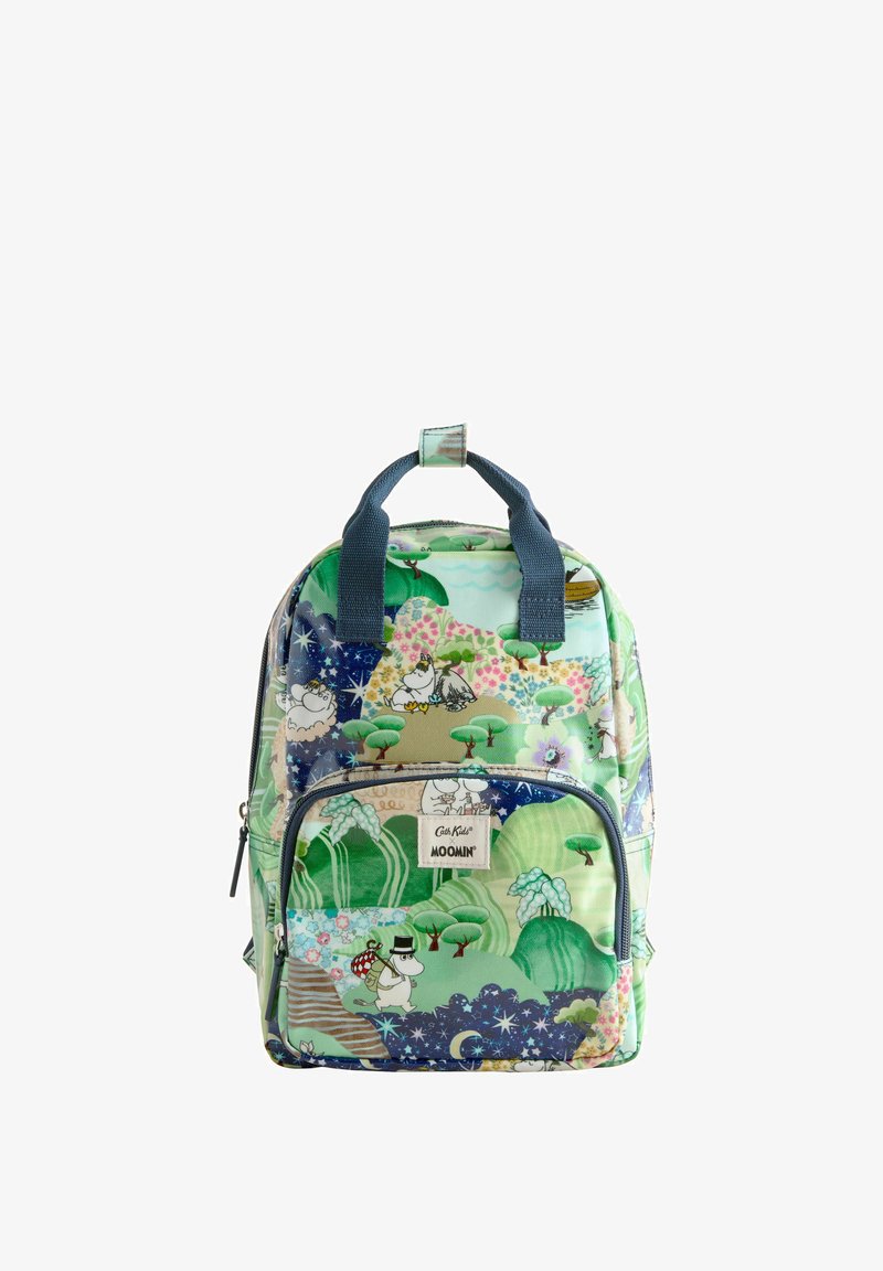 Zelena ruksak s Moomin likovima i slikovitim uzorkom. Izrađen je od izdržljive tkanine s prednjim džepom i plavim trakama.