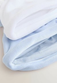 Deux tissus pliés : l'un blanc et pelucheux, l'autre bleu clair avec une texture douce, tous deux présentant des bords lisses et un subtil éclat.