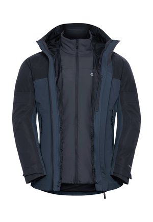 Veste de randonnée, gris foncé et noir, avec fermeture éclair intégrale, capuche ajustable, texture lisse, doublure respirante et poches latérales.