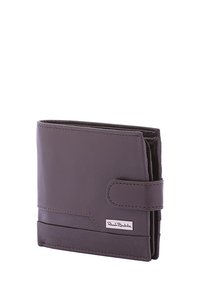 Portafoglio in pelle marrone con design pieghevole, dotato di chiusura a pressione, cuciture visibili e un piccolo logo sul davanti.