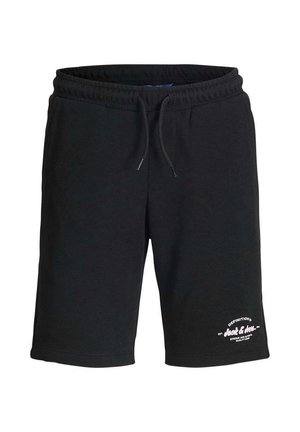 Shorts décontractés noirs avec taille élastique et cordon, avec un petit texte de logo blanc sur la partie inférieure gauche de la jambe, près de l'ourlet.