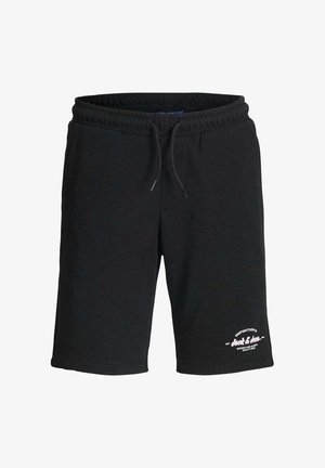 Shorts décontractés noirs avec taille élastique et cordon, avec un petit texte de logo blanc sur la partie inférieure gauche de la jambe, près de l'ourlet.