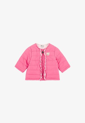 Roze gewatteerde jas met een volantsvoorkant, voorzien van een berenpatch en korte mouwen. Het ontwerp omvat een ritssluiting en een ronde hals.