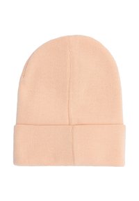 Różowa czapka beanie wykonana z miękkiej dzianiny. Posiada złożony mankiet i bezszwowy szczyt. Tekstualna powierzchnia z ciasnym ściegiem.