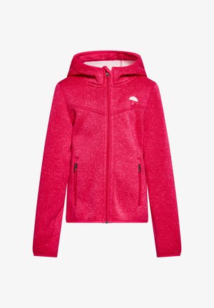 Polarowa kurtka w jaskrawym różowym kolorze z zamkiem błyskawicznym z przodu i kapturem. Ma kontrastowe szwy, dwie boczne kieszenie zapinane na zamek oraz małe logo na piersi.