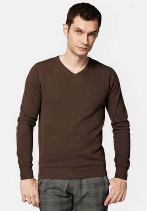 Brązowy sweter dzianinowy z dekoltem w kształcie V, ściągaczami przy rękawach i u dołu. Model nosi go z wzorzystymi szarymi spodniami. Subtelny detal logo na klatce piersiowej.