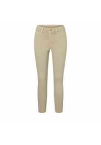 Vaqueros skinny beige fabricados en mezcla de algodón, que cuentan con cierre frontal con botón, trabillas para cinturón y diseño estándar de cinco bolsillos. Textura suave.